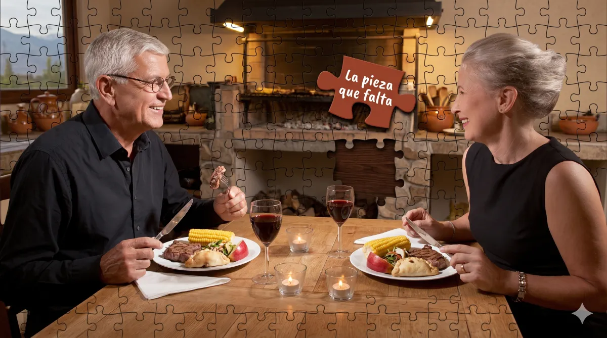 Pareja mayor compartiendo una cena casera junto a un brasero