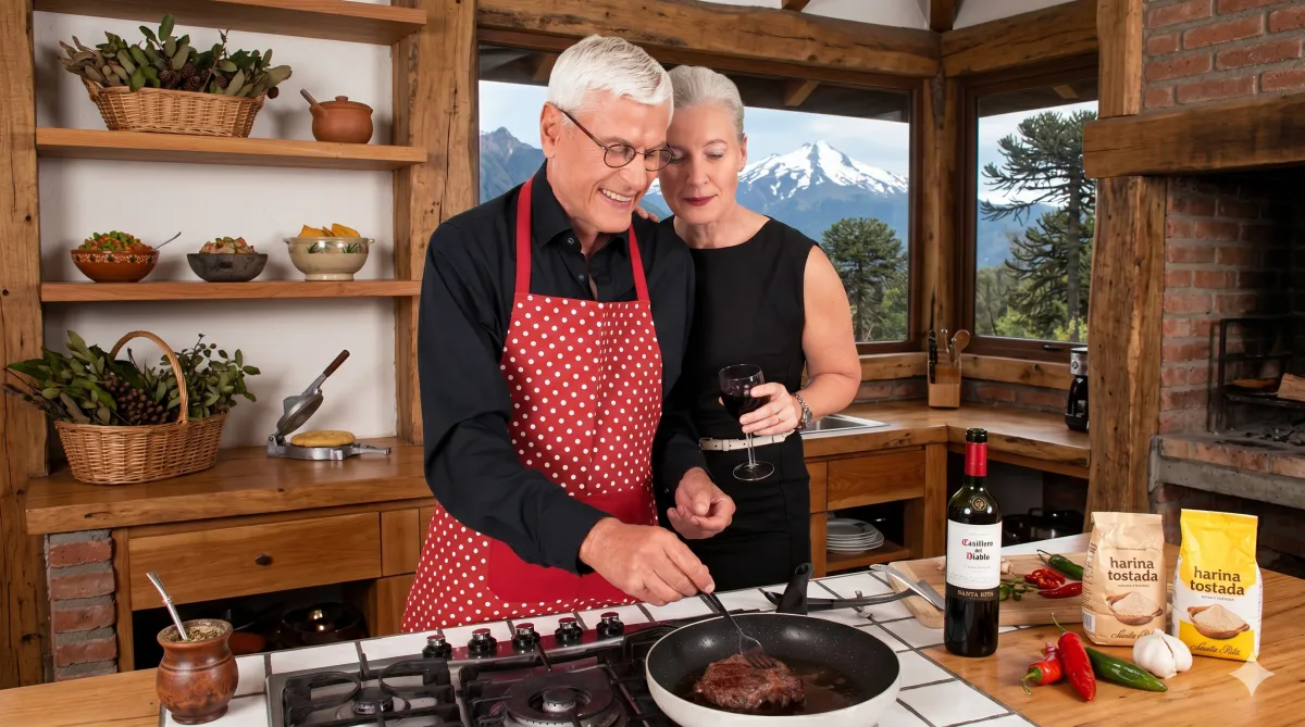Pareja mayor cocinando un asado juntos en una cocina rústica con vista a la cordillera