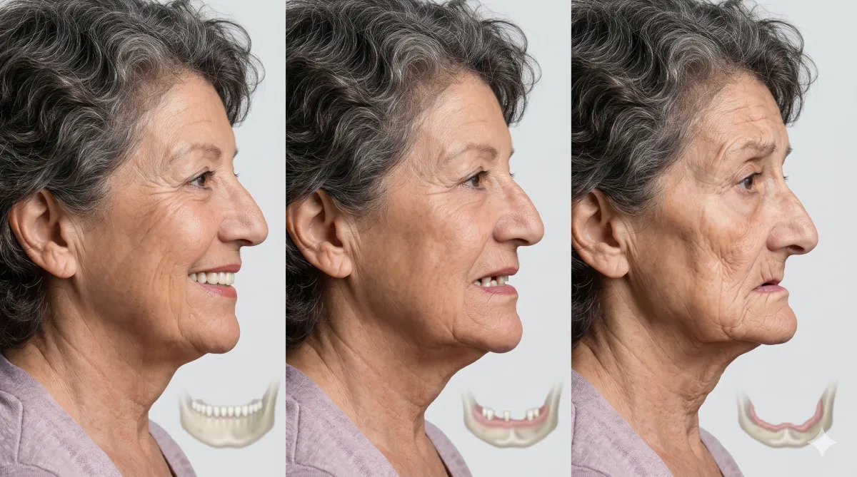 Comparación de tres perfiles de una mujer mayor mostrando los cambios faciales por la pérdida progresiva de dientes y hueso mandibular