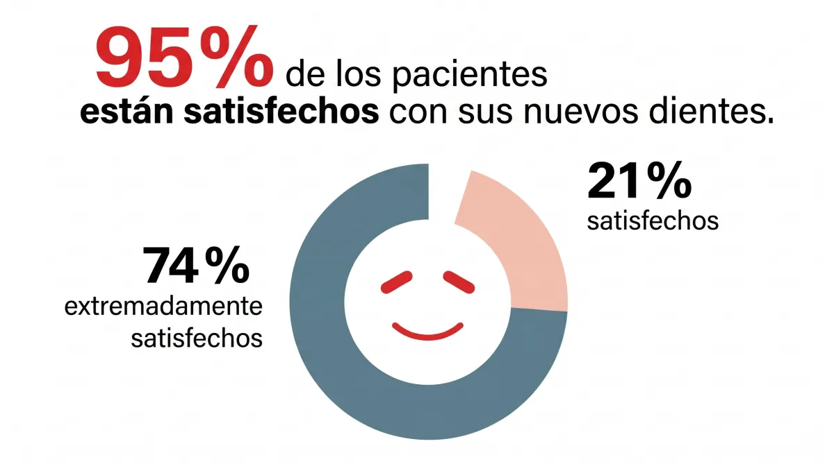 Gráfico: 95% de los pacientes están satisfechos con sus nuevos dientes (74% extremadamente satisfechos, 21% satisfechos)