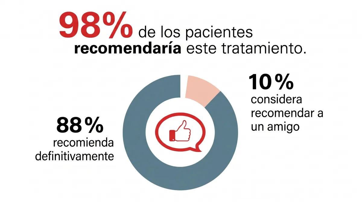 Gráfico: 98% de los pacientes recomendaría este tratamiento (88% recomienda definitivamente, 10% considera recomendar a un amigo)