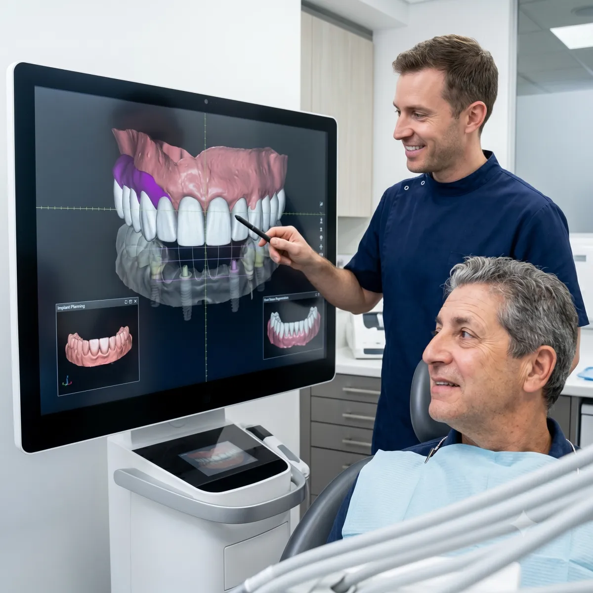 Profesional dental revisando un diseño digital de sonrisa en pantalla junto a un paciente
